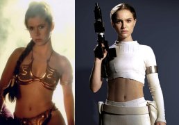 Carrie Fisher as Princess Leia and Natalie Portman as Padme Amidala.