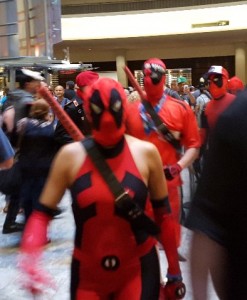 First of many Deadpool costumes in a long parade around Dragon*Con 2015, September 5.
