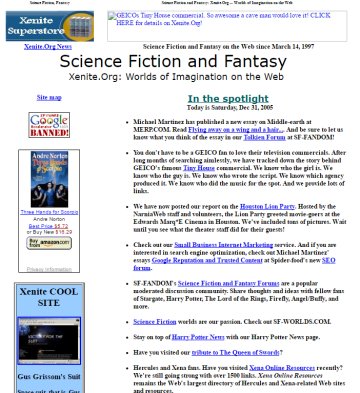 Xenite.Org as it looked in 2005. The missing banner at the top promoted our GEICO Tiny House tribute article.