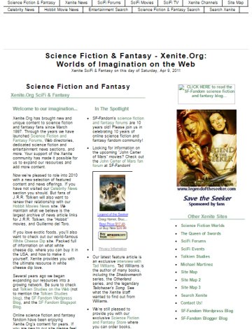 Xenite.Org in April 2011. There was a colorful masthead at the top of the page that Archive.Org did not save.